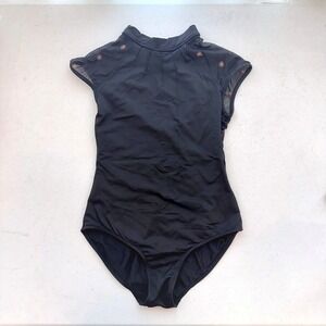 Bloch Girls Black Mesh Cap Sleeve Mock Neck Keyhole Leotard Sunburst Size 14